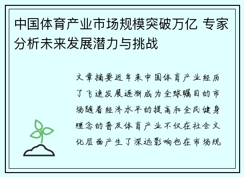 中国体育产业市场规模突破万亿 专家分析未来发展潜力与挑战